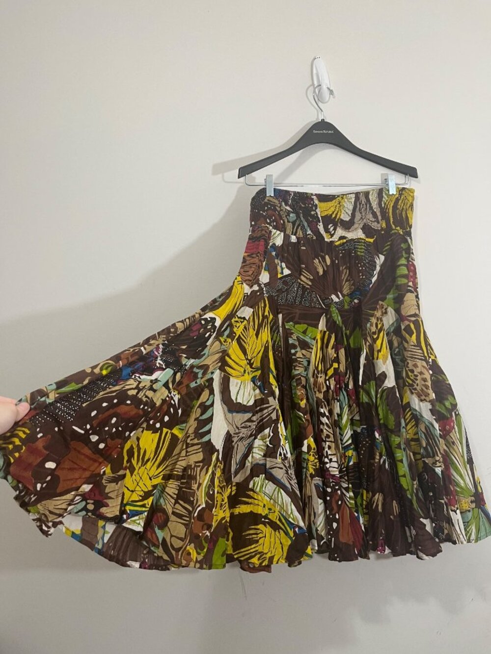 Grace Elements Butterfly Print Pleated Maxi Skirt Sz L Smocked Y2K Boho Festival